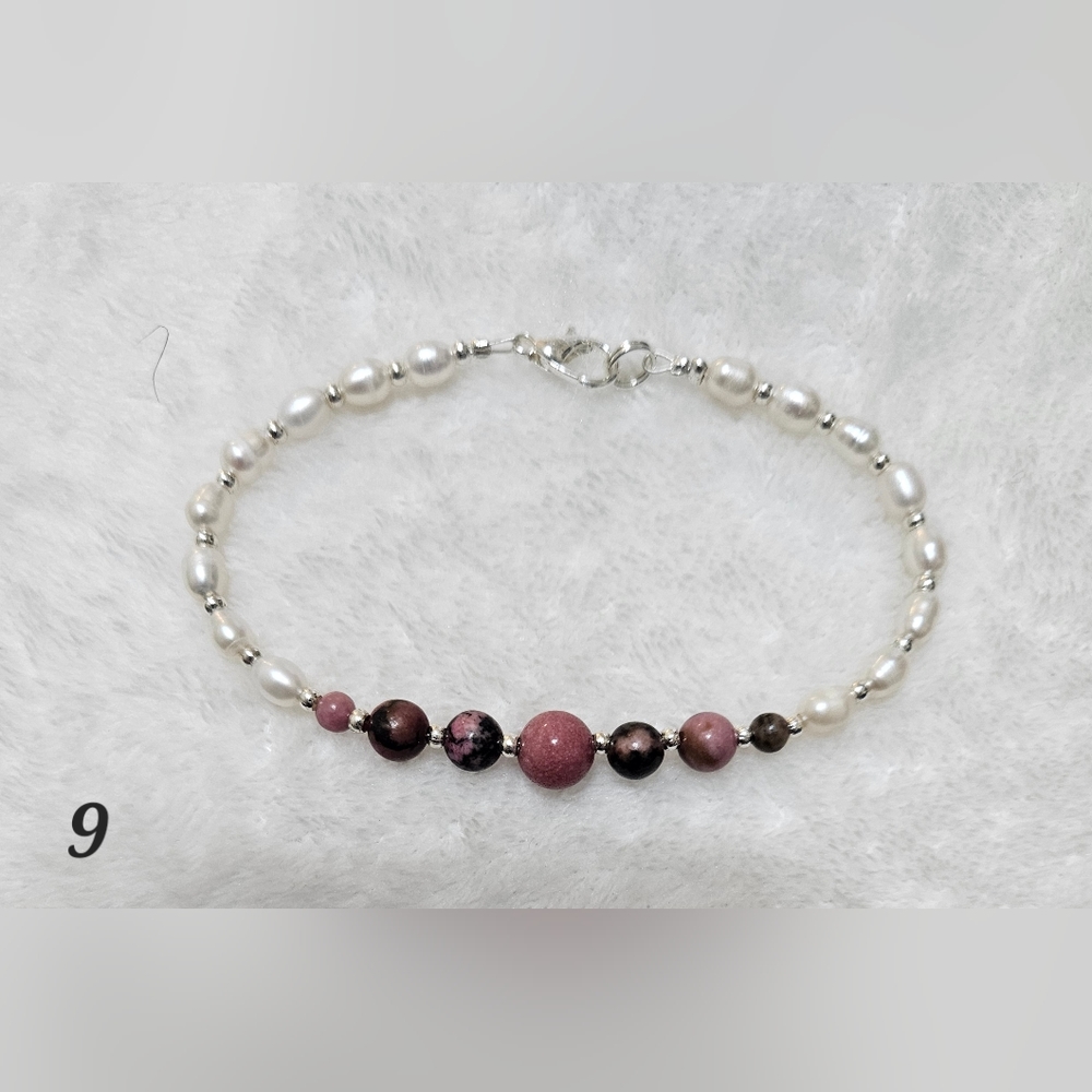 Pink and Black Rhodonite gemstone and pearl bracelet
